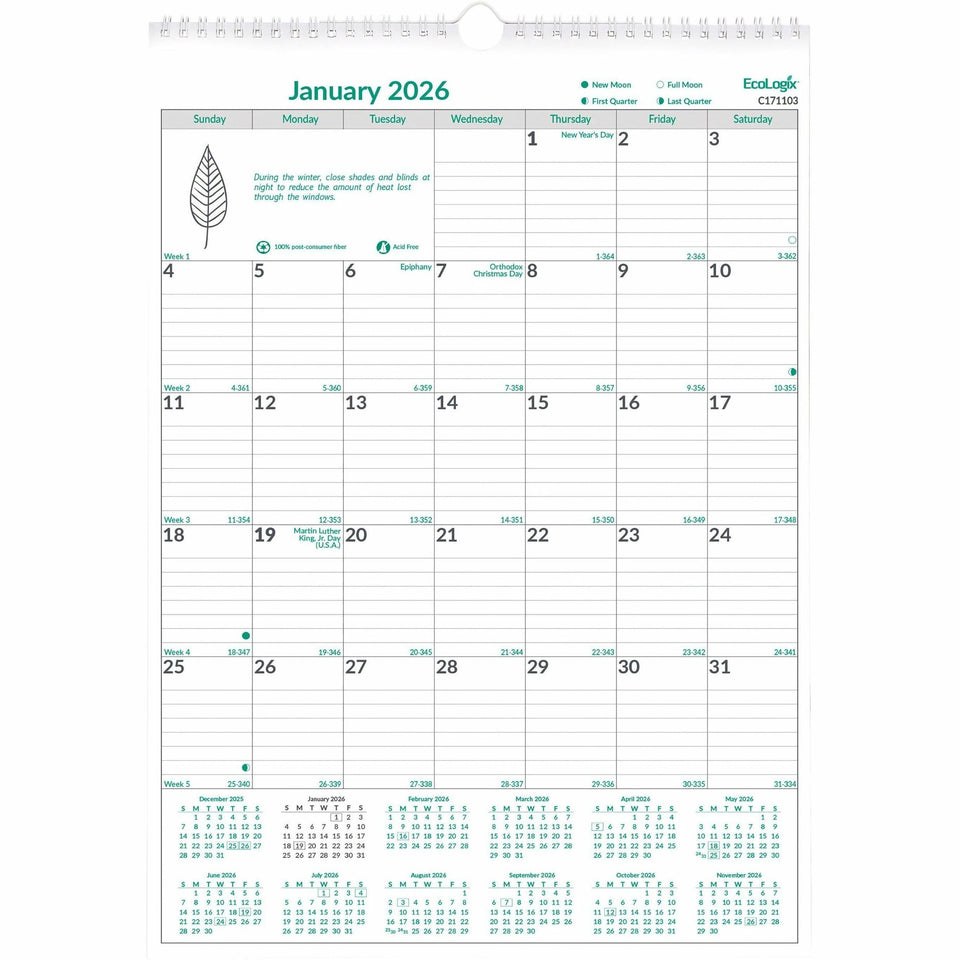 Brownline EcoLogix Monthly Wall Calendar, Twin-Wire Binding, 100% Recycled