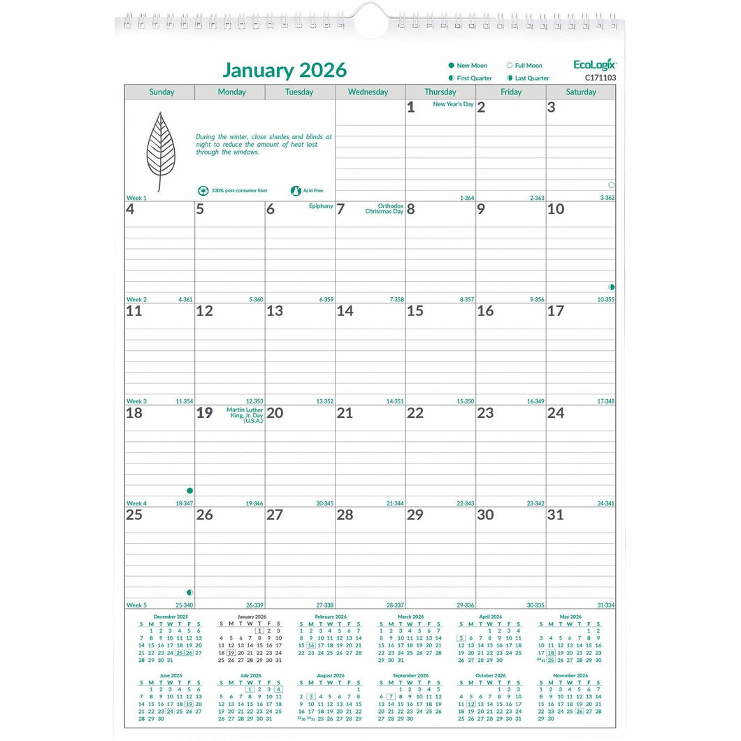 Brownline EcoLogix Monthly Wall Calendar, Twin-Wire Binding, 100% Recycled