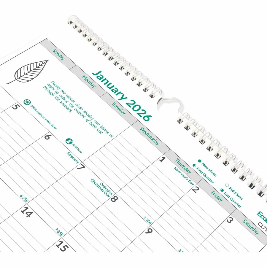 Brownline EcoLogix Monthly Wall Calendar, Twin-Wire Binding, 100% Recycled